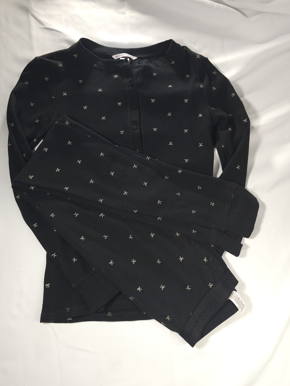 Victoria's Secret Black Ribbed Thermal Pajama Set with Tiny Bow Motif
